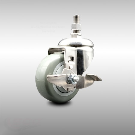 Service Caster 3 Inch 316SS Gray Polyurethane Swivel 1/2 Inch Threaded Stem Caster with Brake SCC-SS316TS20S314-PPUB-TLB-121315